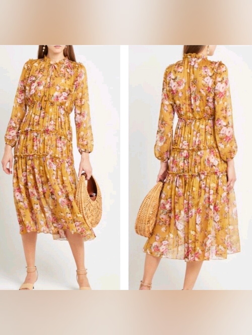Anthropologie x o.p.t. Dress Womens S Yellow Floral Chiffon Midi Felicity Ruffle
